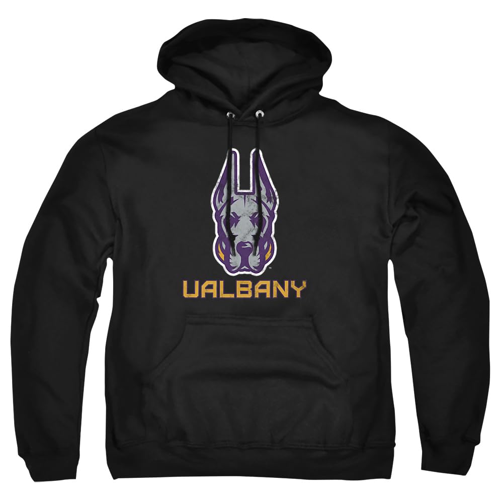 University at Albany Official Distressed Primary Unisex Adult Pull-Over Hoodie, Black, 2X-Large
