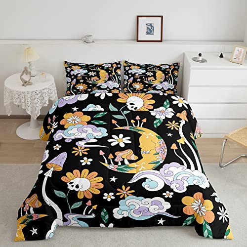 Feelyou Psychedelic Floral Comforter Set For Girls Boys Children Groovy Flower Skull Print Comforter 60S 70S 80S Hippie Flowers Bohemian Black Bedding Set Room Decor Duvet Set Queen Size Quilt Set #TOP29