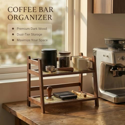 D-werack Coffee Station Organizer for Accessories - 2 Tier Kitchen Storage & Organisation Counter Shelf, Wooden Mug Holder, Matcha Stand for Home Office - Brown - Image 2