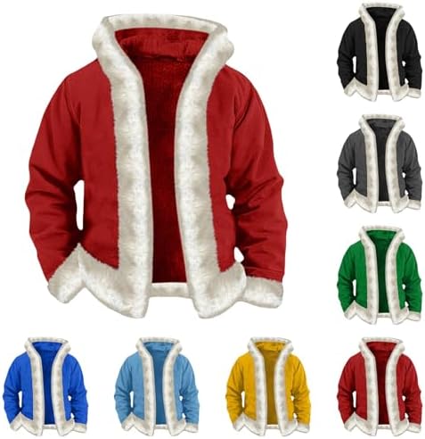 Christmas Jacket For Men Long Cardigan Hoodies Women Unisex Xmas White Faux Fur Trim Warm Hooded Santa Coat