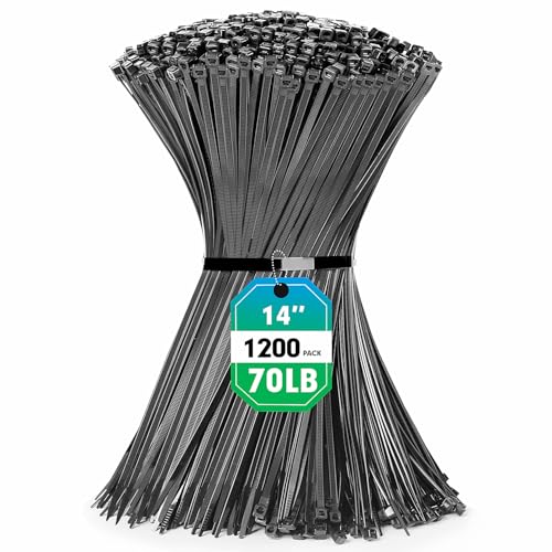 Zip Ties RAZCC 1200pcs Black Cable Zip Ties 14 Inch Heavy Duty Plastic Wire Ties with 70lb Tensile Strength Self-Locking Black Nylon Tie Wraps for Indoor and Outdoor