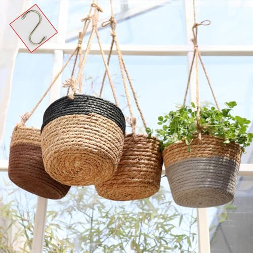 Panier suspendu en jonc de mer lot de 2 pots tressés café