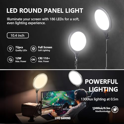 مصباح حلقي 10.4 انش مع حامل ثلاثي القوائم قابل للتمديد 82.7 انش، لوحة LED دائرية باضاءة تكبير كاملة مع حامل جوال للبث المباشر/المكياج/فيديو اليوتيوب/تيك توك، متوافق مع جميع الموبايلات