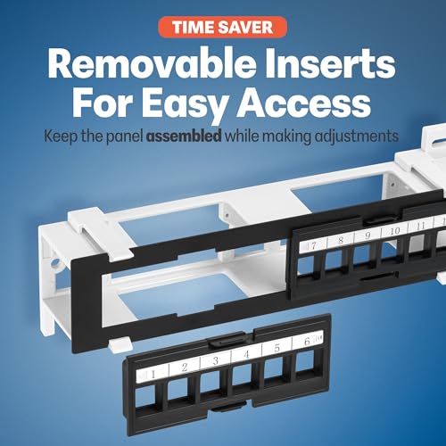 Everest Media 12-Port Keystone Patch Panel (1-Pack) - Removable 6-Port Panels - with 89D Wall Mount Bracket - Vertical/Horizontal Installation - 8 Blank Keystone Jack Inserts Included