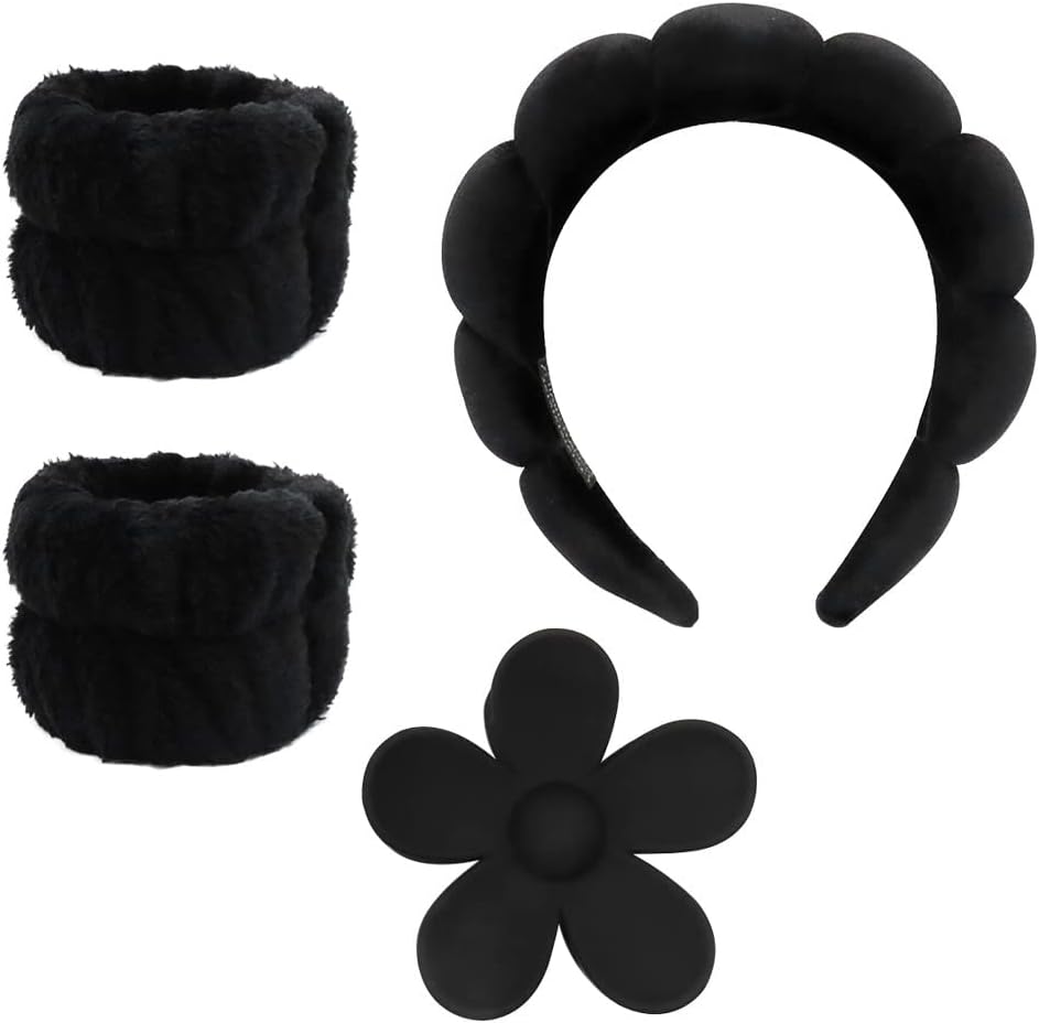 TADAE 4 Pack Headband and Wristband Set for Face Washing with Flower Hair Clips, Sponge Spa Headband and Wristband Scrunchies, Skincare Headbands and Wristband for Women (Black Set)