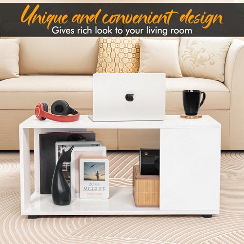 Image of ABOUT SPACE Coffee Table - Portable Wooden Centre Table with Open Storage - Furniture - Sofa /Tea /Teapoy for Living Room, Home, Office (White - L 80 x B 40 x H 42 cm)