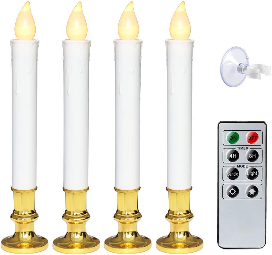 Wondise White Flameless Window Candles with Remote and Timer, Battery Operated Flameless ing Window Candles with Gold Holders and Suction Cups Christmas Window Decoration(9”, Set of 4)