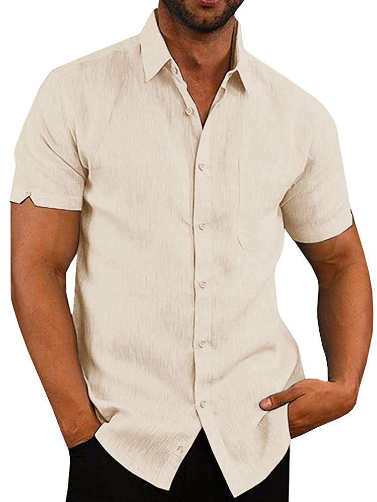 FUERIMens Short Sleeve Shirts Cotton Shirts Summer Button Down Plain Regular Fit Casual Business Shirt Tops