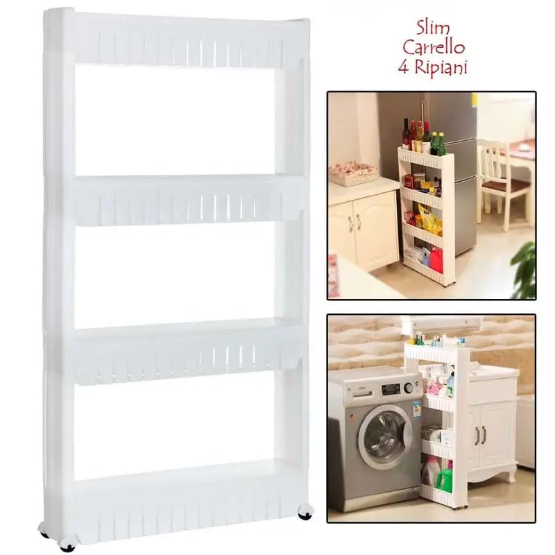Étagère De Rangement Fine 4 Niveaux Bakaji - Chariot Cuisine Salle De Bain à Roulettes, Blanc