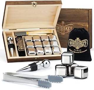 Whisiskey - Zestaw kamieni do whisky  12 kamieni do whisky ze stali nierdzewnej, korek do butelki i szczypce  prezenty dla mężczyzn  kostki lodu wielokrotnego użytku  prezent dla mężczyzn