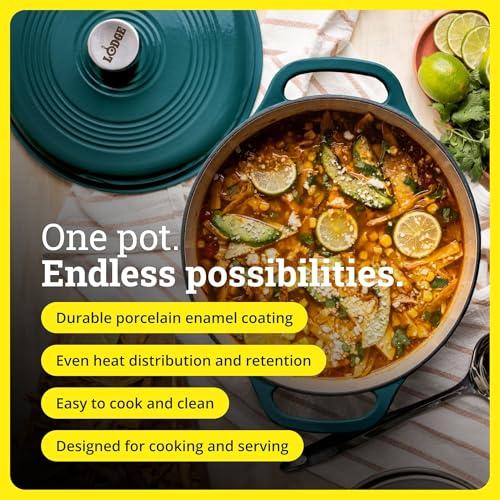 Lodge Essential Enamel Cast Iron Dutch Oven 6 Quarts - Perfect for Bread Baking, Braising, Marinating & Slow Cooking, Features Moisture-Sealing Lid &