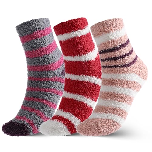 Fuzzy Socks for Women - 3 Pairs Fluffy Slipper Cozy Socks Cabin Winter Soft Fleece Warm Comfy Christmas Gift 3 Color Striple