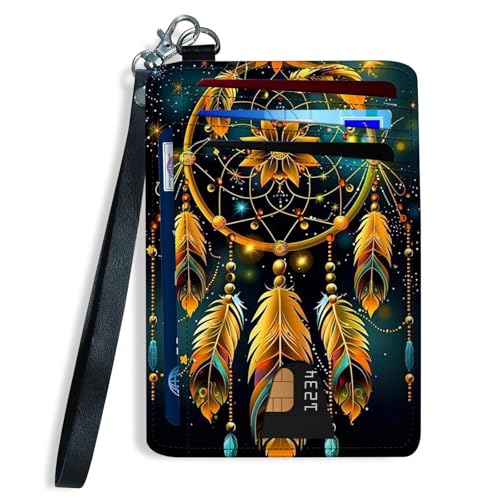 Slim Front Pocket Wallet for Women, RFID Blocking Credit Card Holder Wallet with Detachable Wrist Strap, Thin Card Case ID Window Small Card Holder for Unisex, Dreamcatcher Feathers