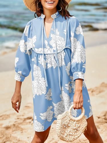 Image of Cicy Bell Womens Floral Mini Dresses 3 /4 Balloon Sleeve V Neck Flowy Babydoll Dress Summer Beach Vacation Boho Outfits