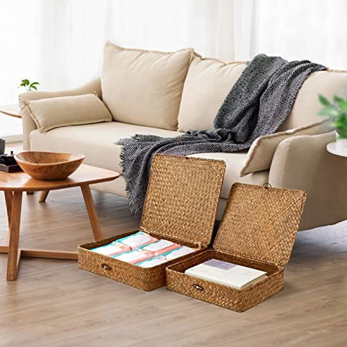 Fossorh Set Of 2 Flat Seagrass Storage Bins With Lid Wicker Storage Baskets For Organizing, Woven Shelf Organizer Bins Home Utility Organizer Box For Home & Office Supplies (Caramel) #TOP5