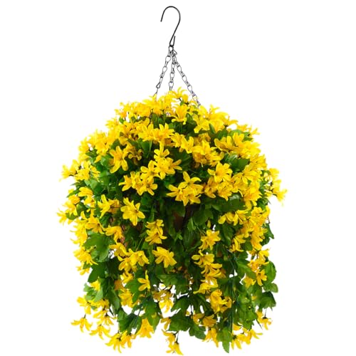 INQCMY Artificial Hanging Flowers in Basket for Patio Garden DecorationFaux Silk Violet in Planter UV Resistant Realistic for Outside Home Porch Balcony Yard DecorYellow
