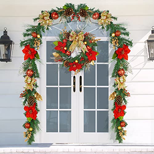 Adeeing Christmas Wreath, 24 Inch Outdoor Christmas Wreath For Front Door, Battery Operated Xmas Wreath With 20 Led Lights Timer Red Gold Ball Ornaments Berries Pine Cones For Home Holiday Decor #TOP6