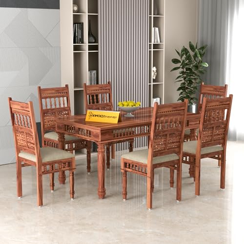 Image of Solid Sheesham Wood Traditional Dining Table 6 Seater Wooden Six Seater Dinning Table with 6 Chairs for Home Chairs with Cushion Dining Room Sets for Restaurants (Natural Finish)