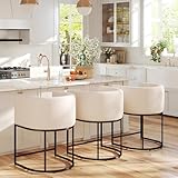 HNY Modern Counter Height Linen Fabric Upholstered Counter Stools Set of 3, 24 Inch Kitchen Island Stool with Black Tubular Frame, Cream