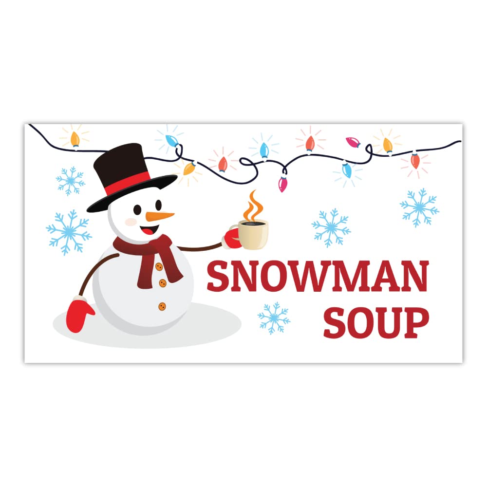 Pack of 24 Snowman Soup Labels (64 mm x 33.8 mm) Christmas Food Stickers for Party Bag Fillers and Hot Chocolate Gift Labels Papa Prints®