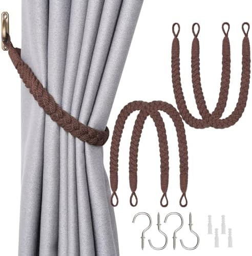 Pretty Jolly 2 Pack Natural Cotton Rope Curtain Tiebacks Elegant Boho Style Decorative Drape Tie Backs Soft Hand-Woven Rope Curtain Holdbacks with Metal Hook for Home & Office Drapery (Dark Blue)