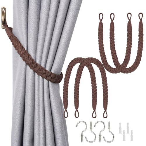 NICEEC 4 Pack Natural Cotton Rope Curtain Tiebacks Elegant Boho Style Decorative Drape Tie Backs Soft Hand-Woven Rope Curtain Holdbacks with Metal Hook for Home & Office Drapery (Coffee)