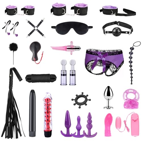 Oziral Bondage Set 26-piece Restraint Set and Passion Beginner Including Anal Plug Handcuffs Vibrator Bouncy Eggs etc. Suitable for Couples Purple