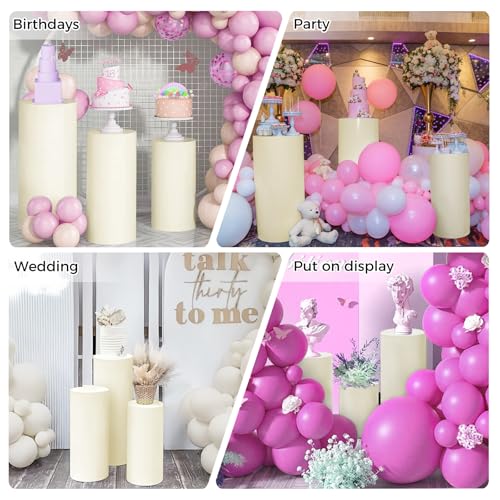Babenest Beige Cylinder Pedestal Stand Covers Set of 3, Spandex Vintage Fitted Round Pedestal Covers, Elastic Cloth Pillar Plinth Cover for Birthday Wedding Party Reception Decoration(Without Stands) by Babenest - Image 5