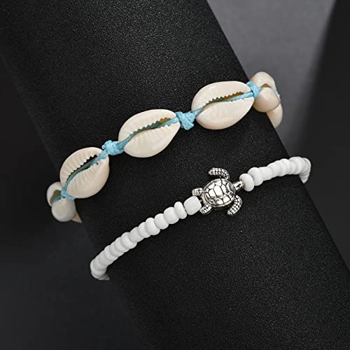 Boho Layered Nature Shell Anklet Bracelets Adjustable Turtle Foot Chain Hawaiian Beach Foot Jewelry Accessories Set For Women Girl（Shell Set） #TOP4