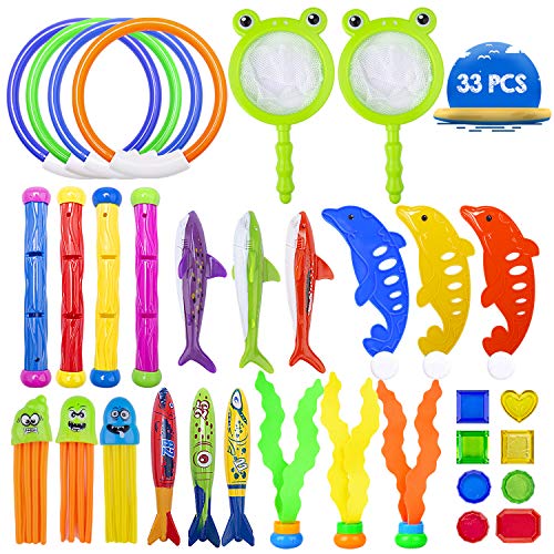 Gvoo 33 Stück Tauchspielzeug Tauchringe Bandits Tauchstäbe Tauchsticks Tauchen Steine Unterwasser Schwimmbad Pool Spielzeug Sommer Spaß für Kinder