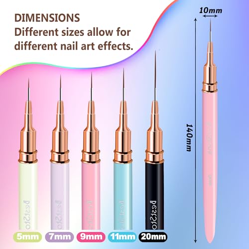 BestStone Nail Art Liner Brushes, 5Pcs Professional Gel Polish Painting Art Design Pen Set for Long Lines, Thin Details, Fine Drawing Sizes 5/7/9/11/20mm Nail Art Design (Multicolor)