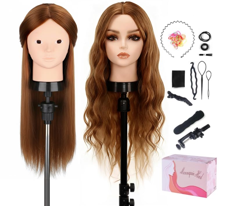 TopDirect Mannequin Head with 80% Human Hair, 23.5" Brown Real Hair Cosmetology Mannequin Head Hair Styling Hairdressing Practice Training Doll Heads with Clamp Holder and Tools