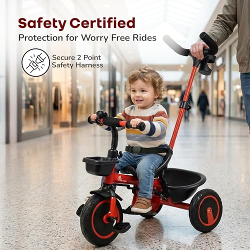 Image of R for Rabbit Tiny Toes R20 Plus Tricycle for Kids with Rubber Wheels, Adjustable Parental Control, Front & Rear Storage Basket | Baby Trike Cycle for 2 to 5 Year, Upto 25 Kgs Boy & Girl (Cherry Red)