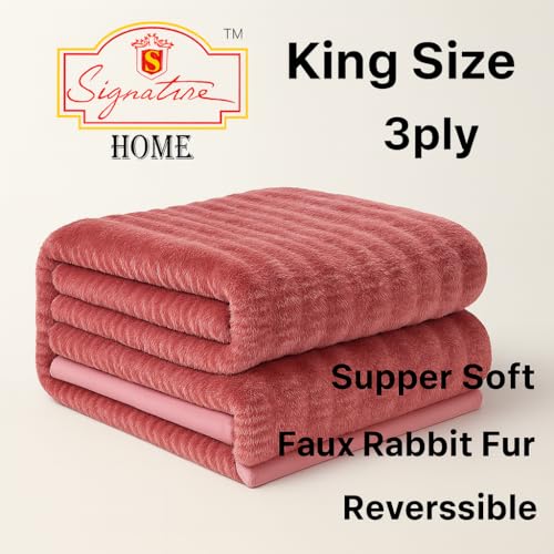 Image of Signature 3-Ply Faux Rabbit Fur Blanket King Size | Ultra Soft Heavy Weight Quilt-Feel Blanket | 6kg Luxury Winter Comforter for Bed Ideal for Heavy Winters (Rose Whisper)