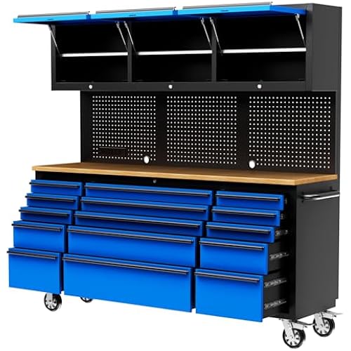 CHETTO C 72-Inch Tool Chest with Wheel Lock 15 Storage Drawers 3 Upper Cabinet Pegboard with Power Outlet for Large Warehouse Garage Toolbox