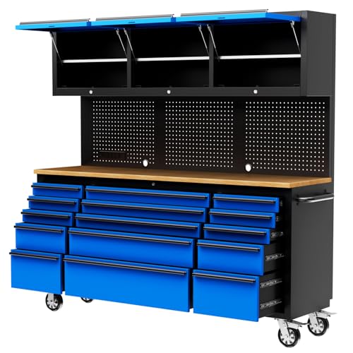 CHETTO C 72-Inch Tool Chest with Wheel Lock 15 Storage Drawers 3 Upper Cabinet Pegboard with Power Outlet for Large Warehouse Garage Toolbox (Blue, 72-Inch + 3 Upper Cabinets)