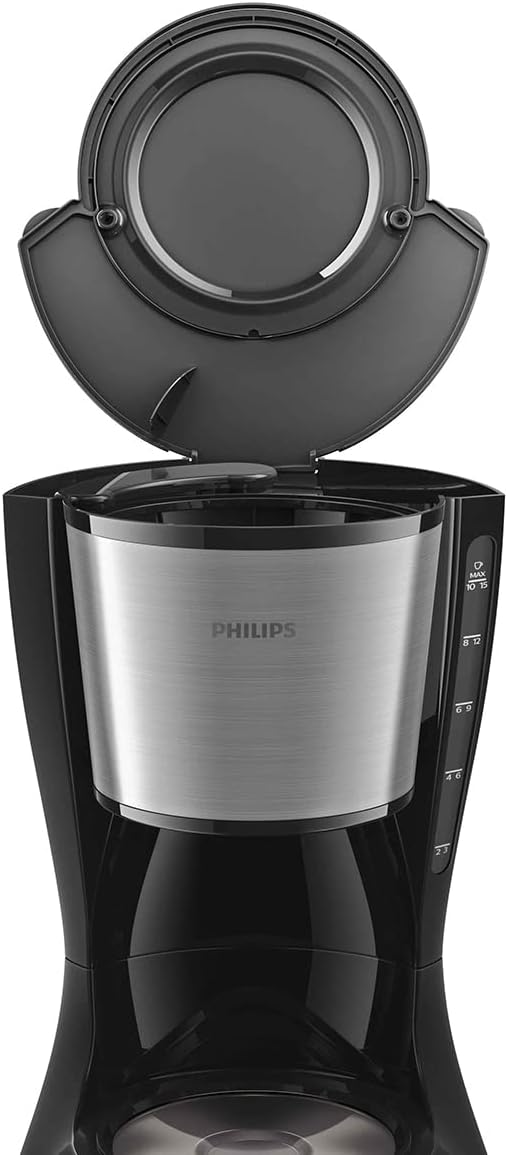 Oke view of Philips Daily HD7462/20 Filter Coffee Maker with lid open, showing water reservoir and filter basket area.
