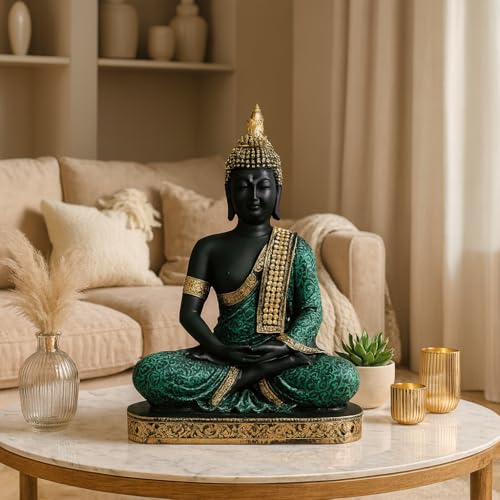 Image of Beautiful Resin Meditating Buddha Statue for Home Decor (Pack of 1, Green & Black)