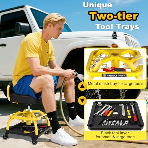 Image of Rolling Shop Stool with Wheels, Garage Mechanic Shop Chair with Handle Backrest, Adjustable Height Work Stool, Roller Seat with Tool Tray Storage, Heavy Duty, 330 LBS Capacity, Yellow