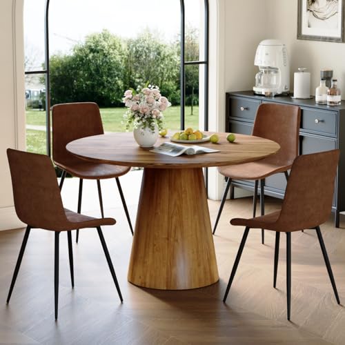 Image of Round Dining Table Set for 4, Farmhouse Kitchen Table Small 45 Inch Dinner Table Wood Round Coffee Table for Living Room (Wood Table+Style 1 Brown Chairs, 45'' Table+4 Chairs)