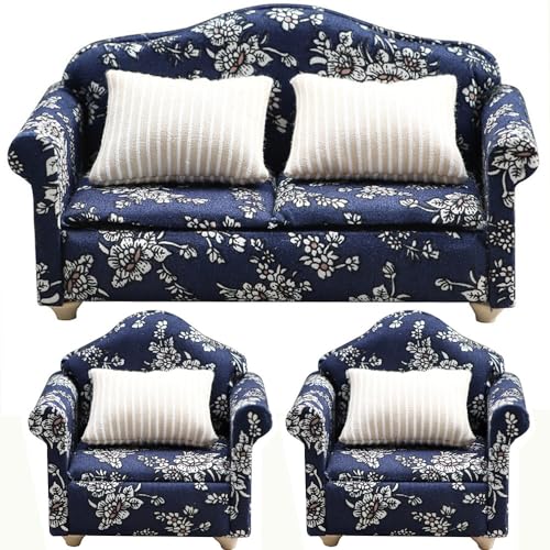 moin moin ミニチュア 家具 1/12 1:12 スケール 家具 ソファ 3点セット B品 訳アリ/ドールハウス 二人掛け 一人掛け シングル クッション ホワイト ブルー 花柄 レトロ バイカラー クッション 布 ファブリック ドール 人形 雑貨