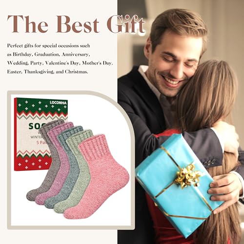 Image of LOCONHA Womens Wool Socks 5 Pairs Winter Warm Sock Thick Knit Cabin Cozy Crew Soft Socks Gifts for Women