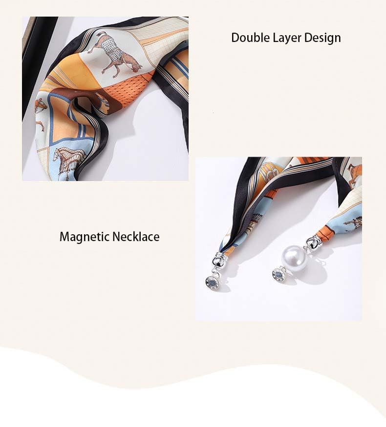Silk Scarf Necklace with Rhinestone Magnetic Buckle Small Neckerchief Collar Floral Print Neck Scarf for Women2