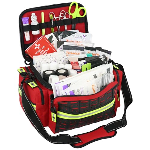 Lightning X Products Lightning X Mid-Sized First Responder EMT Bag | LXMB25 Fully Stocked Aid Kit w/ 200+ BLS Supplies - RED