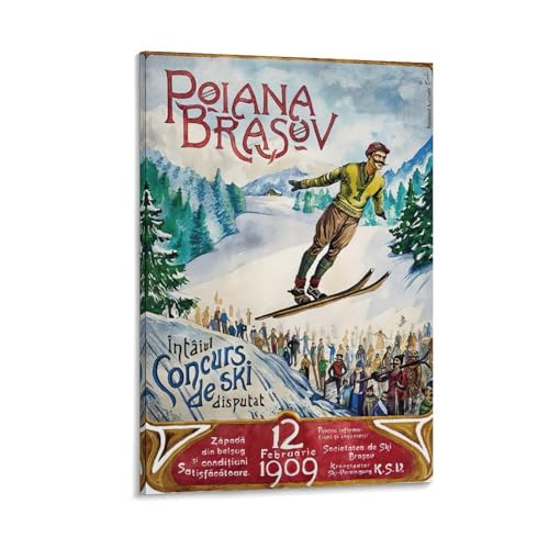 Poiana Brasov - Póster de viaje vintage de Concours De Ski de Rumania, póster de papel o lienzo, idea de regalo, decoración de pared, póster de lienzo, decoración de pared, pinturas para sala de