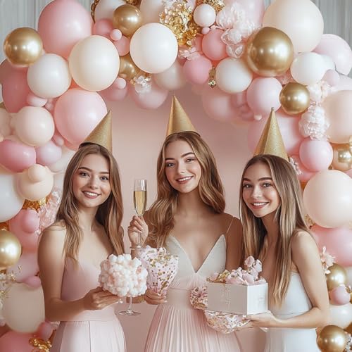 Image of Pink Beige White Balloons Arch Kit, Sand White,Gold,144 pcs, Different Size