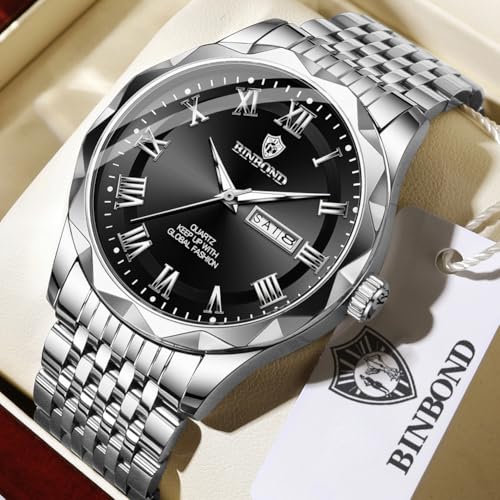Image of BINBOND Men's Watch Luxury Business Dress Analog Quartz Stainless Steel Casual Date Wrist Watches for Men Easy Read Roman Numeral Large Dial Waterproof Luminous