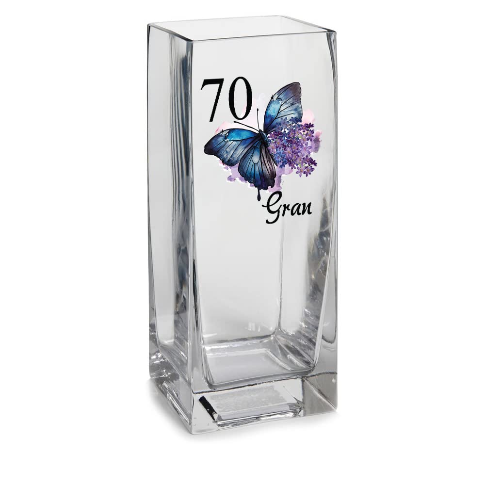 Personalised 70th Birthday Flower Vase Gift Present With Butterfly Clear