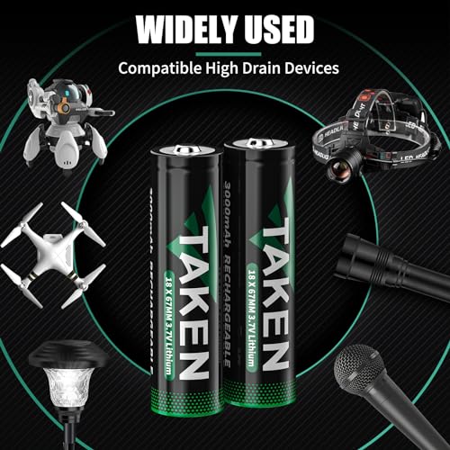 Taken 3.7 Volt 18650 Rechargeable Batteries 3000mAh Button Top High Capacity Lithium Ion Battery for Flashlight, Headlamp, Solar Wall Light, 4 Pack