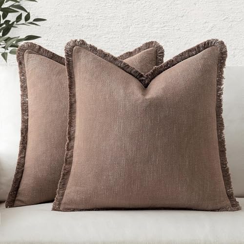 Image of MIULEE Decorative Throw Pillow Covers Neutral Linen Fringe Throw Pillows Euro Shams Set of 2 Dark Coffee Boho Farmhouse Cushion Covers for Couch Sofa Bed Living Room Fall Home Decor 28x28 Inch